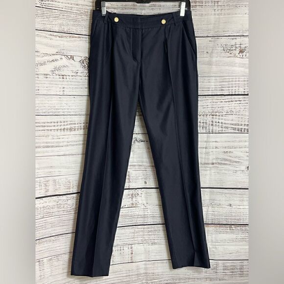 Massimo Dutti trouser Womens Size 28 gold Crest buttons Navy Denim Pants office - Picture 2 of 11